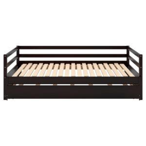 Merax Modern Wood Daybed with Pop Up Trundle Twin to King Triple Sofa Bed Frame for Kids Teens Adults/No Box Spring Needed Espresso