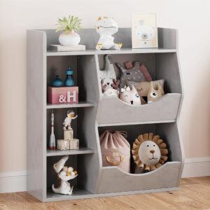 SUNNYFURN Kids 3-Tier Toy Storage Organizer Kids Bookshelf Double Side Toy Shelf Gray- 5 Compartment Bookshelf & Toy Shelf for Kids' Room, Bedroom, Living Room, and Kindergarten - for Toys and Books