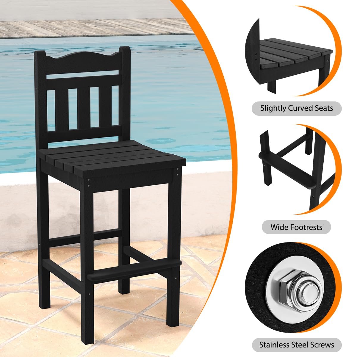 Sundale Outdoor Tall Adirondack Bar Chair Set of 2, HDPE Patio Bar Stools with Backrest, 27.5 Inch Seat Height Tall Bistro Dining Counter Stool, All-Weather Pub Height Chair, Black