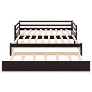 Merax Modern Wood Daybed with Pop Up Trundle Twin to King Triple Sofa Bed Frame for Kids Teens Adults/No Box Spring Needed Espresso