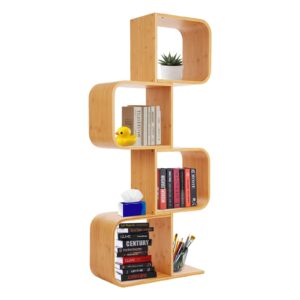 weglae 4 tiers bookshelf,tall s-shaped bookcase,freestanding display shelf,bamboo storage shelving book rack,multifunctional decorative room divider for home office