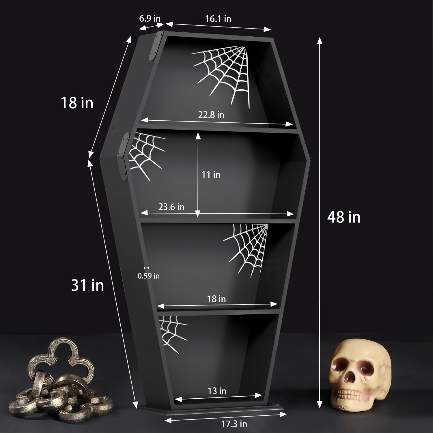 Eostbe Halloween Goth Coffin Bookshelf 48’’H - Wood Tall Coffin Shelf with Spider Web Gothic Decor，Crystal Shelf for Display, Black Spooky Curio Shelf for Home Decor, Witchy Room Decor for Oddities