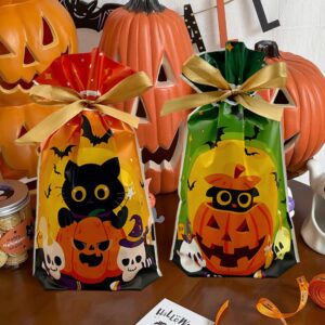 VIFOME 24 Pcs Halloween Goodie Bags Trick or Treat Bags Cat and Pumpkin Candy Bags Plastic Bags with Ribbons for Gift Wrapping Halloween Party Decoration