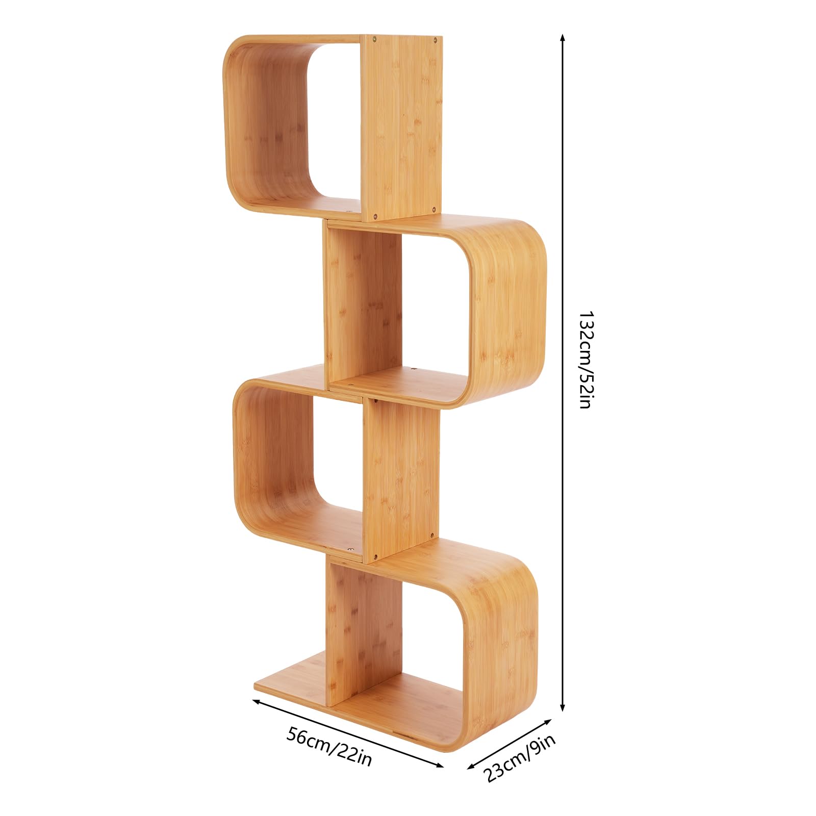 Weglae 4 Tiers Bookshelf,Tall S-Shaped Bookcase,Freestanding Display Shelf,Bamboo Storage Shelving Book Rack,Multifunctional Decorative Room Divider for Home Office