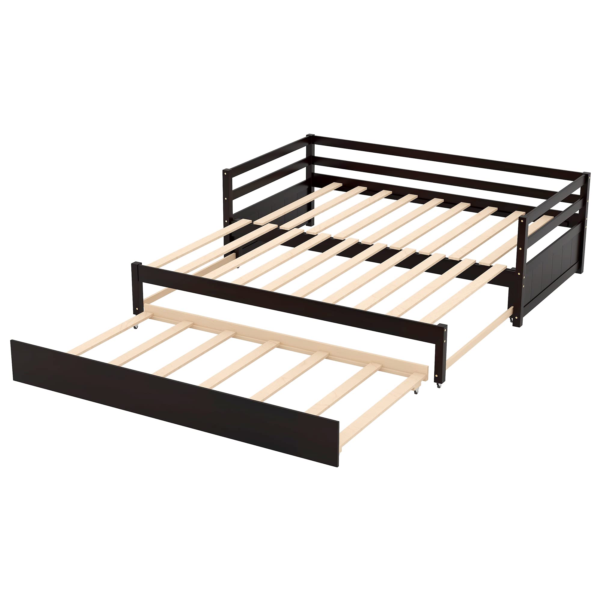 Merax Modern Wood Daybed with Pop Up Trundle Twin to King Triple Sofa Bed Frame for Kids Teens Adults/No Box Spring Needed Espresso