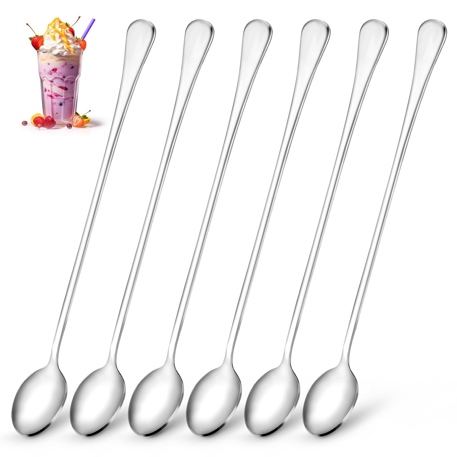 Ouligay 6pcs Long Handle Iced Tea Spoons, 9 Inch Stainless Steel Long Coffee Spoons, Long Cocktail Stirring Spoons, Long Teaspoons Ice Cream Spoon for Stirring Iced Tea Coffee Bar Accessories