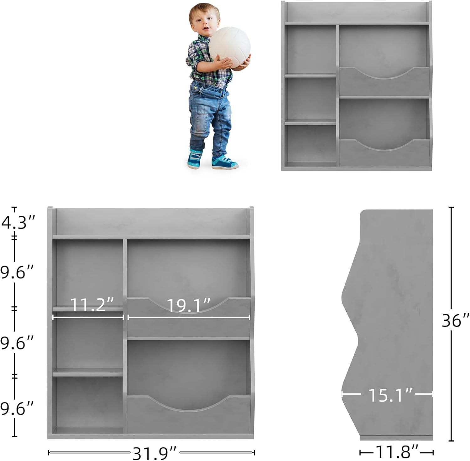 SUNNYFURN Kids 3-Tier Toy Storage Organizer Kids Bookshelf Double Side Toy Shelf Gray- 5 Compartment Bookshelf & Toy Shelf for Kids' Room, Bedroom, Living Room, and Kindergarten - for Toys and Books