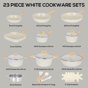 Romswi 23Piece Kitchen Cookware Set, Non Stick Pots and Pans Set, Induction Cookware with Utensil and Pan Protectors, White