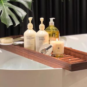 SUZEPER Wood Bathtub Tray Caddy,Walnut Bath Tray for Tub,Large Bath Table Tray,Bath Board,Long Slatted Bathtub Holder,Versatile Shelf, Bath Accessories, Spa Gift for Women(86x22cm(34x9inch), Walnut)