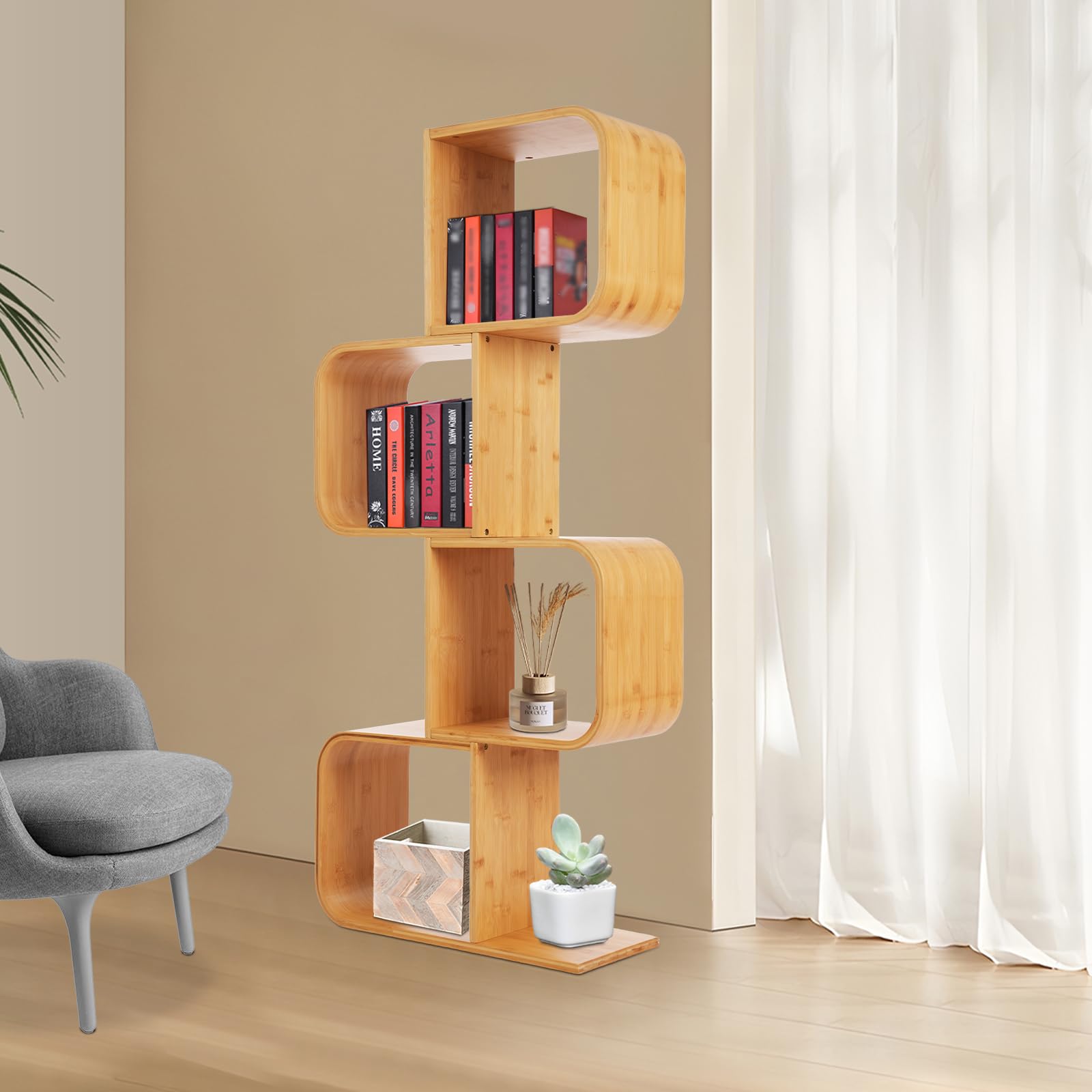 Weglae 4 Tiers Bookshelf,Tall S-Shaped Bookcase,Freestanding Display Shelf,Bamboo Storage Shelving Book Rack,Multifunctional Decorative Room Divider for Home Office