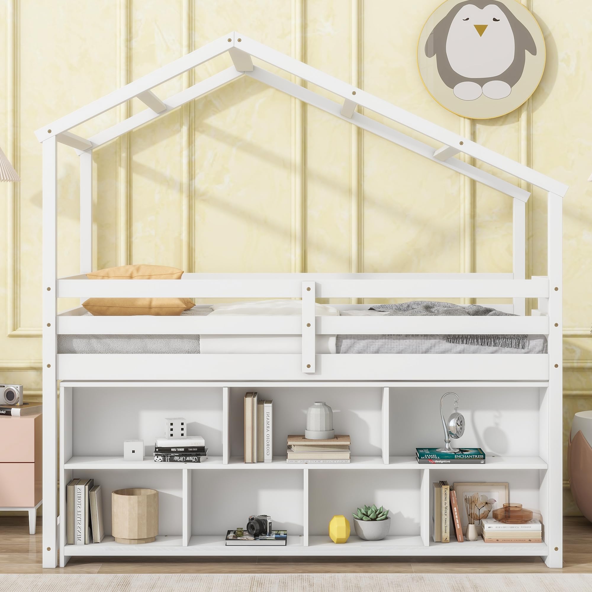 Twin Size House Loft Bed with Roof Frame, Under Bed Shelving Storage Unit, Solid Wood Loft Bed Frame with Ladder and Guardrails for Kids Teens Boys Girls, No Box Spring Needed (White)