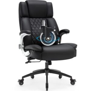 high back office chair with locking wheels, large executive desk chair, flip arms adjustable lumbar support, ergonomic synthetic leather computer chair prevents cats scratching, thick padded, black