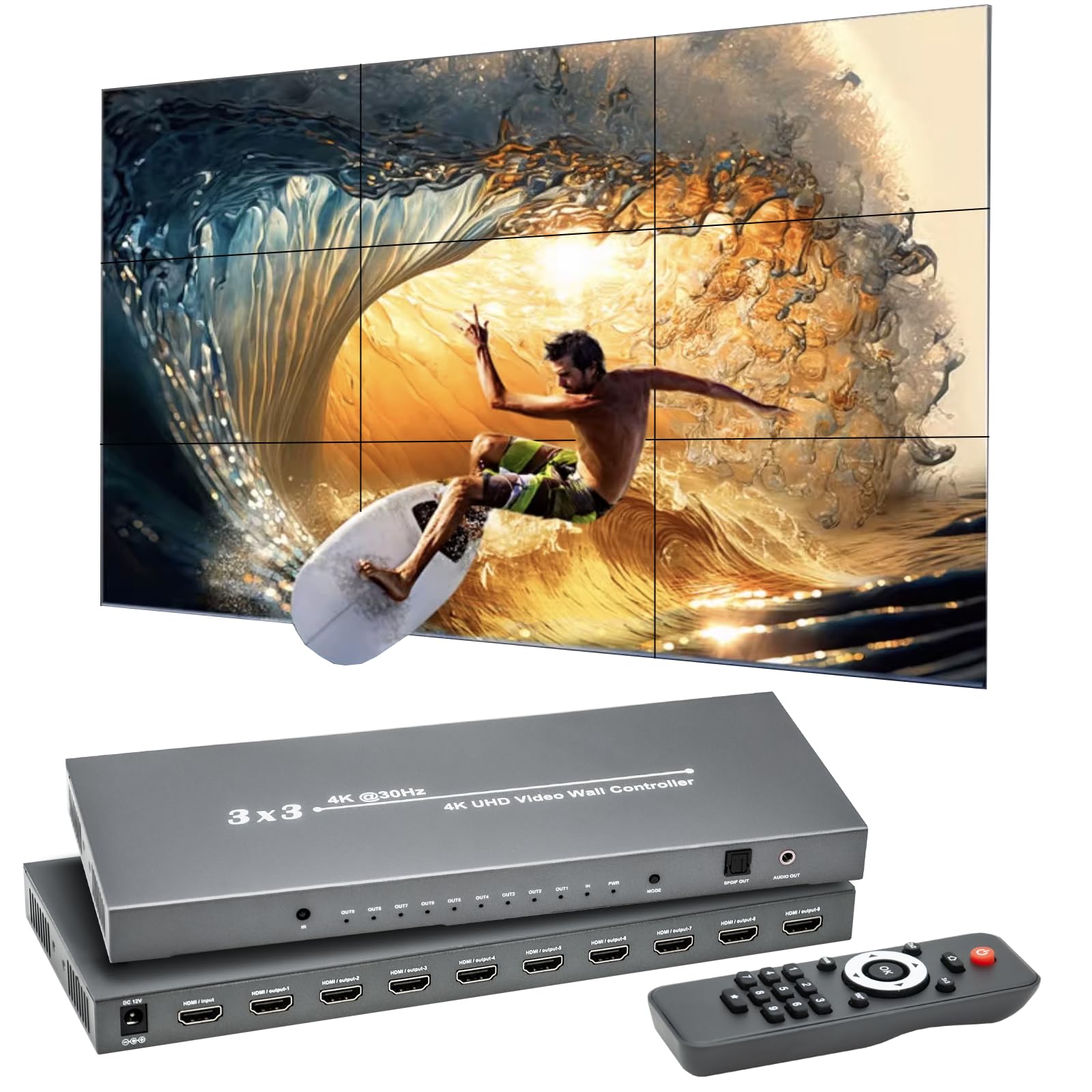 ORIVISION Video Wall Controller, 3x3 HDMI Video Wall Control,4K30 Input 108060 Output with 10 Splicing Modes 2x2,1x1,2x1,3x1,1x2,1x3,2x3,3x2,3x3,2x4, 180°Rotate TV Wall Processor for Mall ...etc.