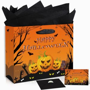 large happy halloween bag, orange halloween paper gift bag with tissue paper and card, halloween party favors bags pumpkin gift bag, halloween wrapping gift paper for halloween party gift supplies