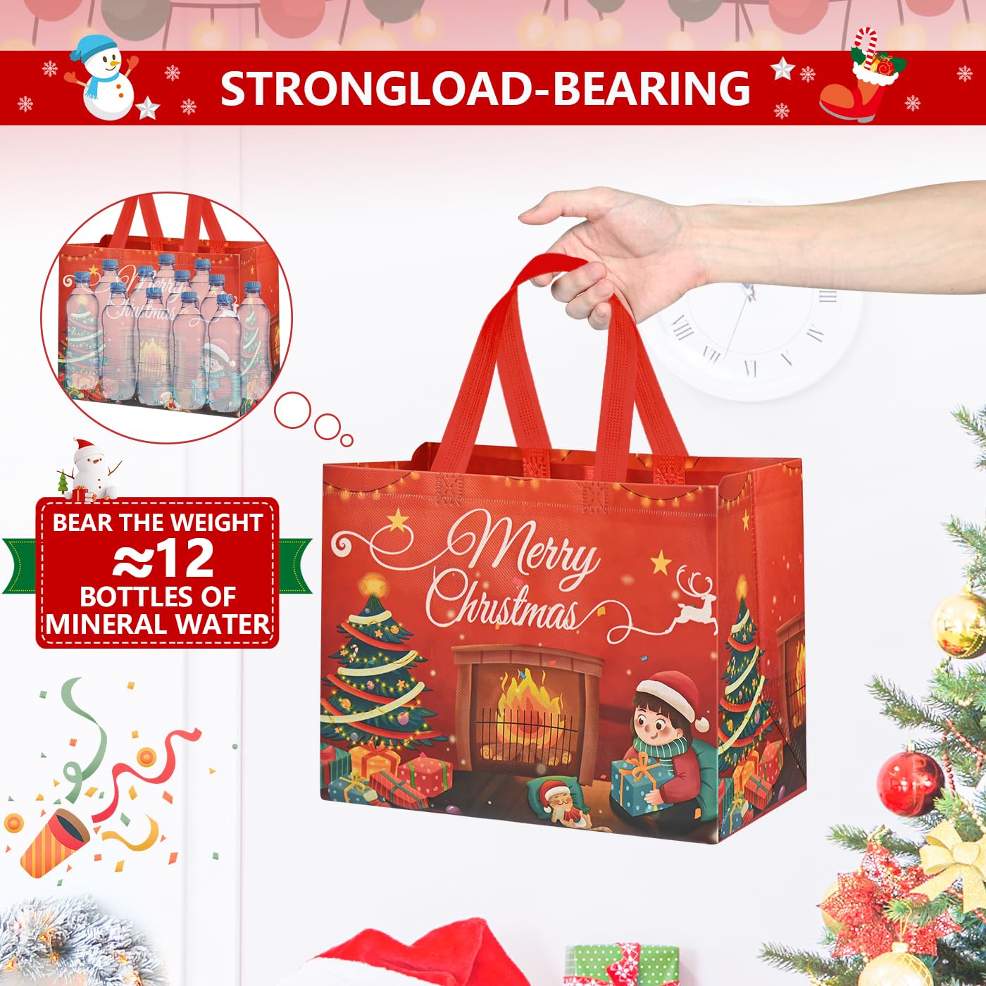 8Pack Large Christmas Gift Bags, Reusable Christmas Bags for Gifts，Christmas Tote Bags with Handles, 12.4"×9.7"×6.8" Xmas Gift Bags for Christmas Presents, Holiday Gift Bags for Shopping, Party Favor