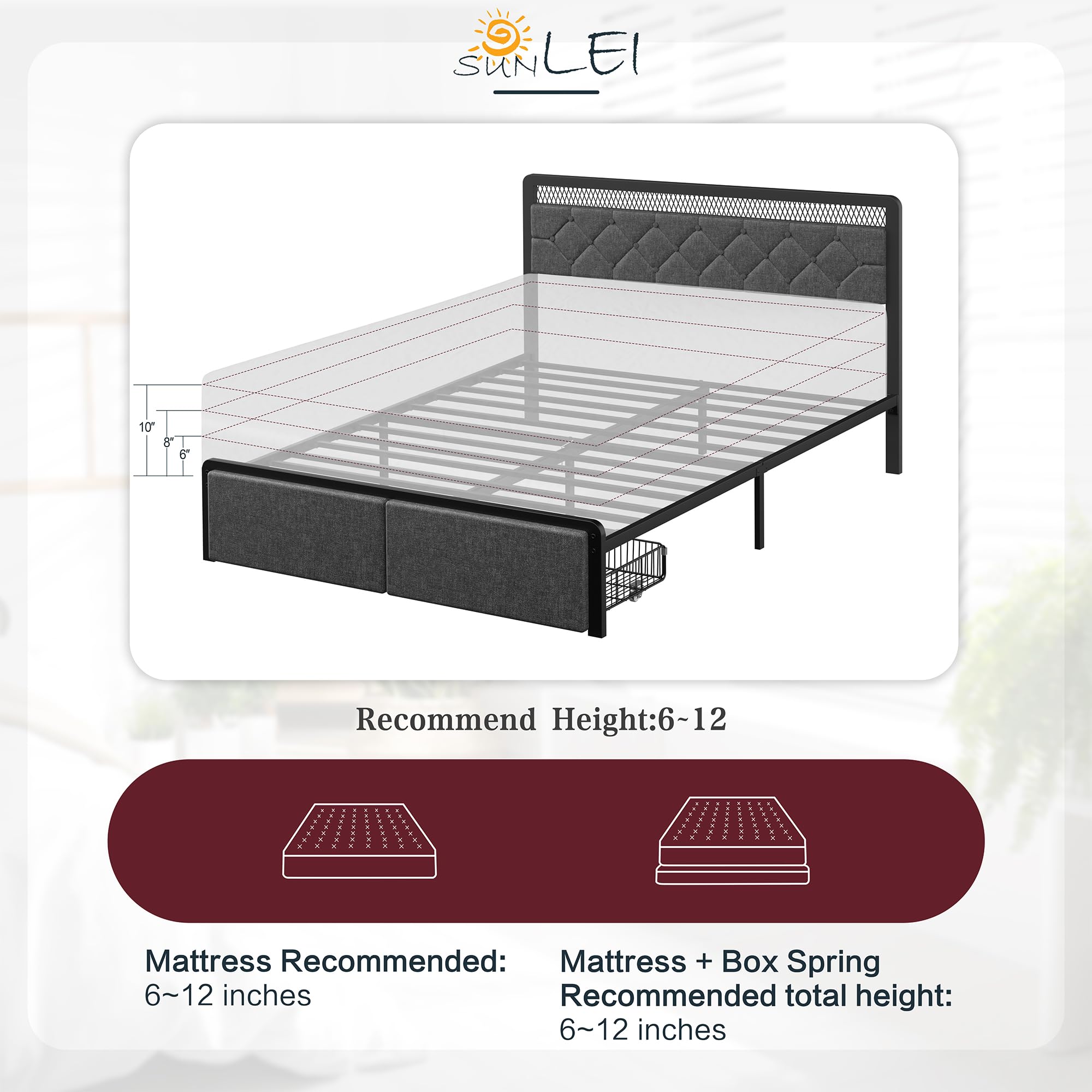 SUNLEI Queen Size Bed Frame with 2 Drawers, Metal Platform Bed with Led Light Button Tufted Headboard, Strong Metal Slats, Easy Assembly, No Box Spring Needed, Modern, Black