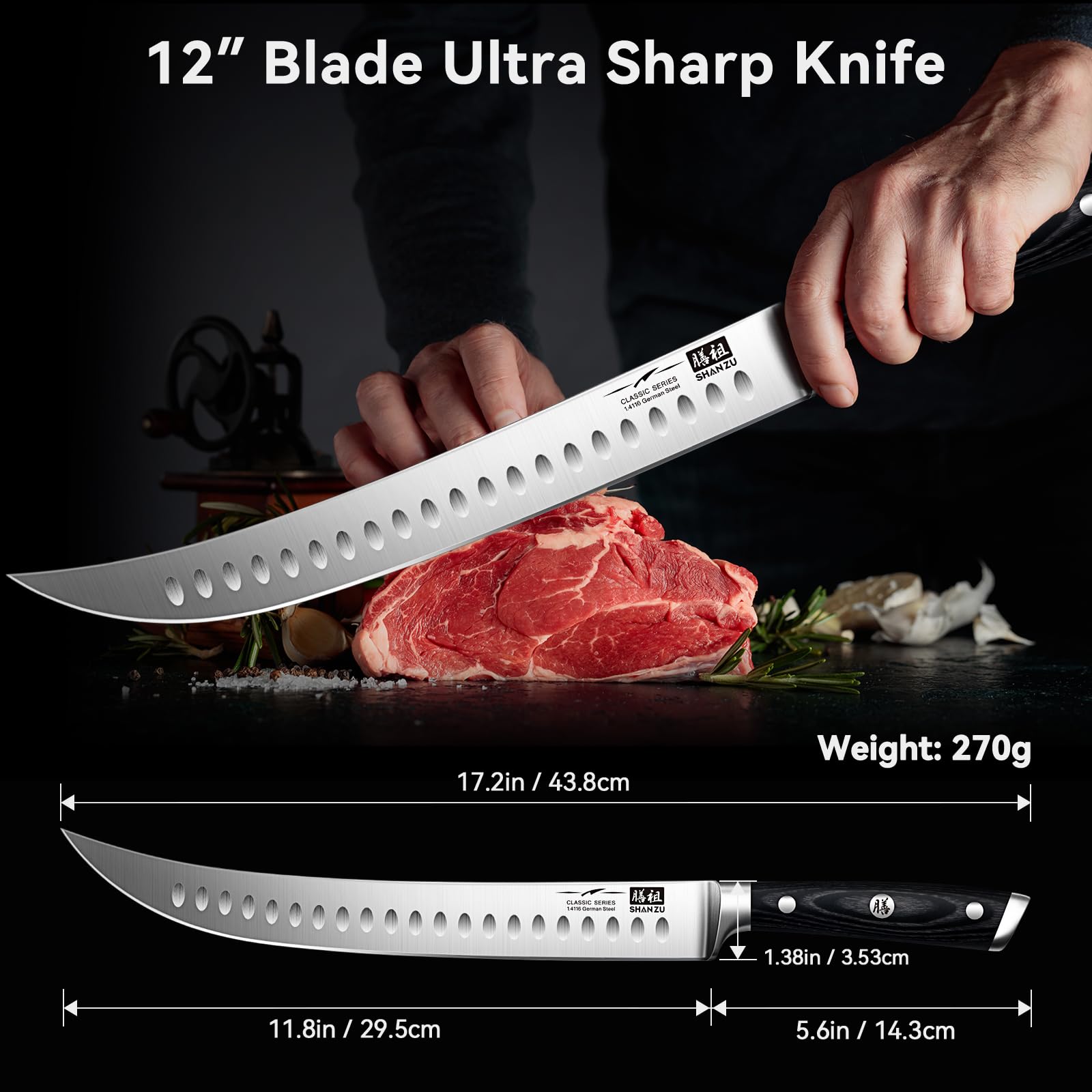 SHAN ZU Classic Carving Slicing Knife, Professional Brisket Knife 12 Inch German 1.4116 Stainless Steel With Wood Handle, Full Tang Handle Slicing Knife, Razor Sharp Ham Knife With GiftBox