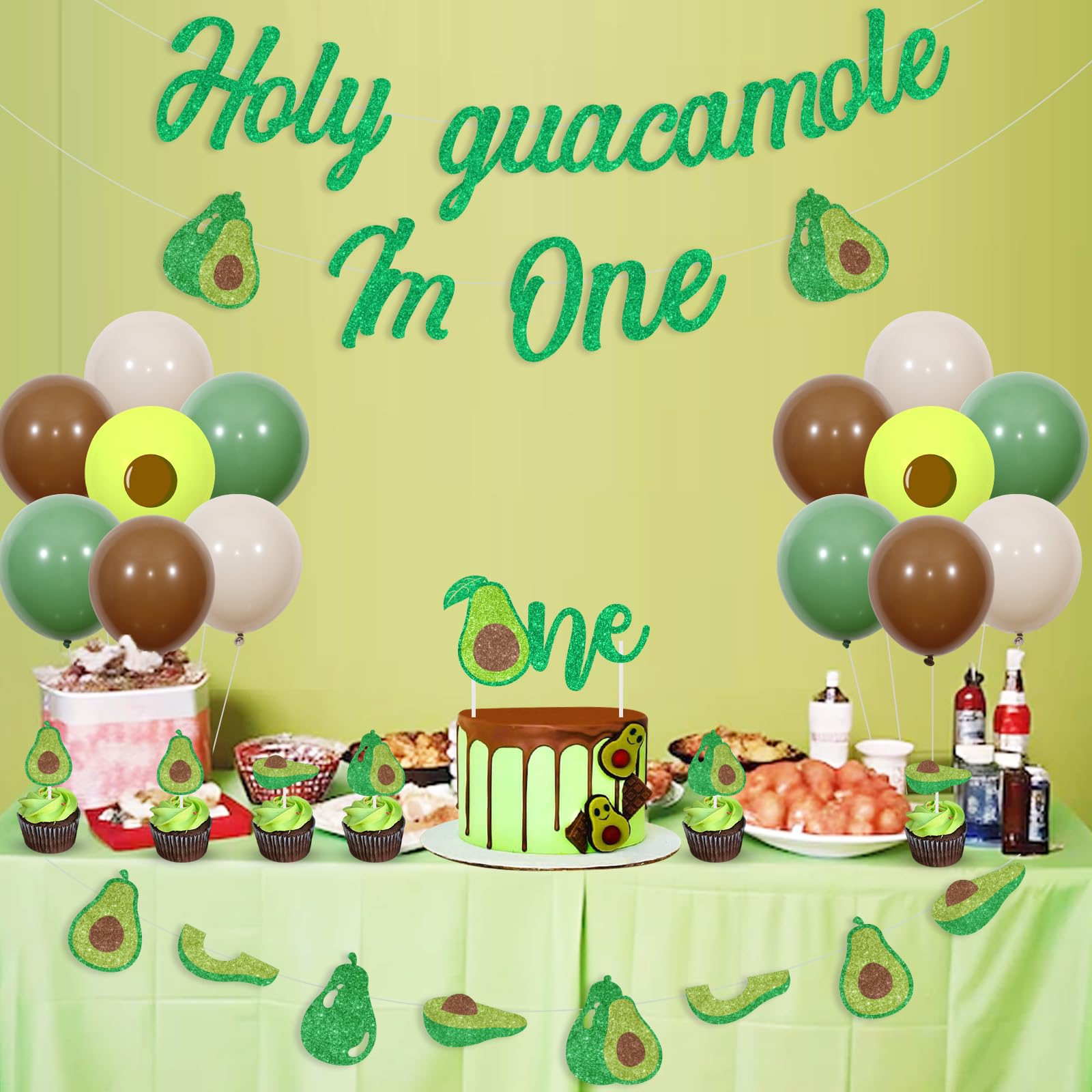 Sursurprise Avocado 1st Birthday Decorations, Holy Guacamole I’m One First Birthday Banners, Fiesta Avocado Fruit Cake Cupcake Toppers Balloons, Cinco De Mayo One Year Old Bday Party Decor Supplies