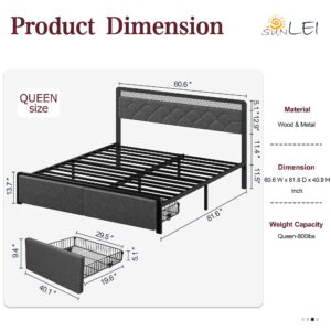 SUNLEI Queen Size Bed Frame with 2 Drawers, Metal Platform Bed with Led Light Button Tufted Headboard, Strong Metal Slats, Easy Assembly, No Box Spring Needed, Modern, Black