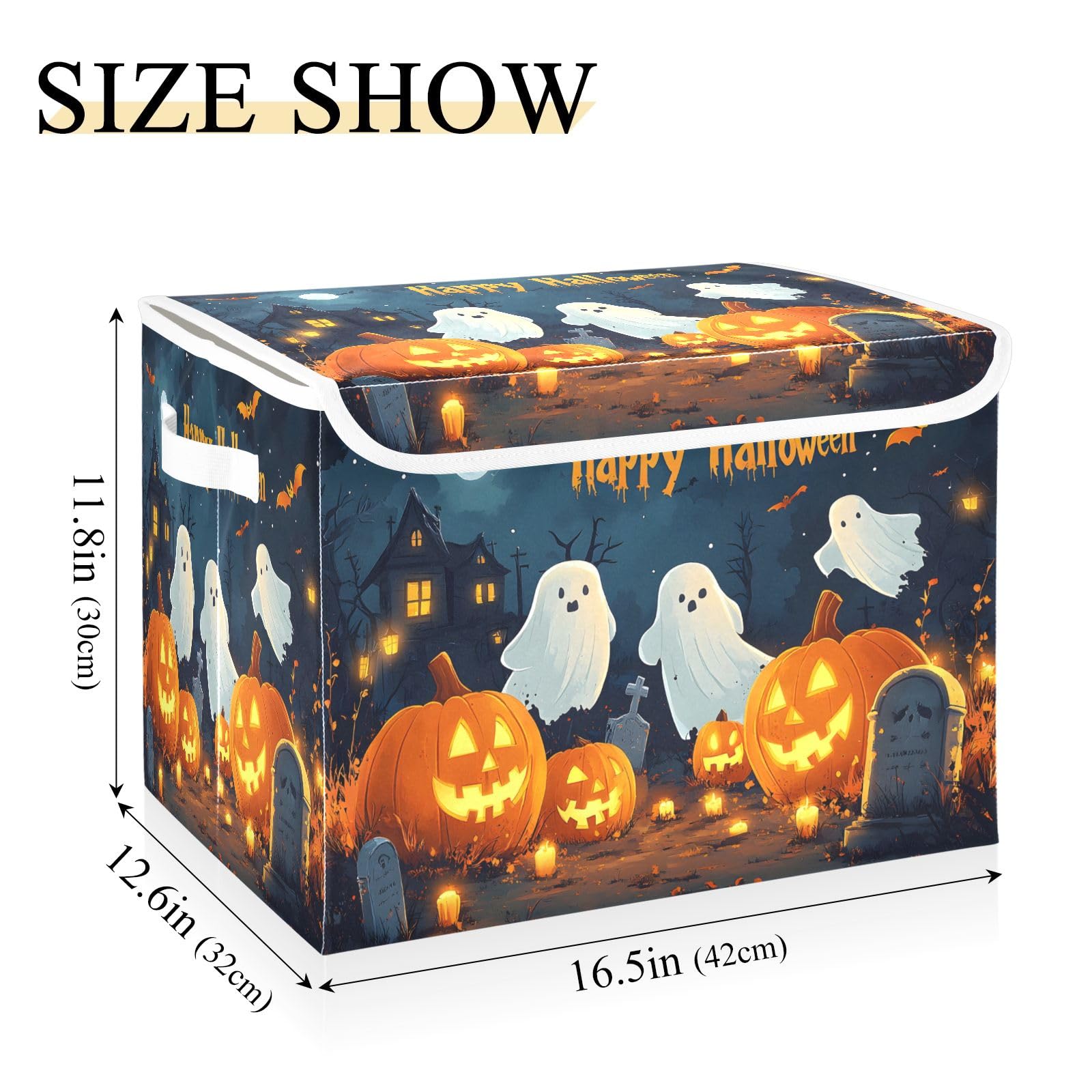 Storage Bins with Lids and Handles,Halloween Background with Pumpkins Ghosts and Cemetary Storage Box Storage Basket with Cover Collapsible Organizer Containers for Home Closet, Shelves