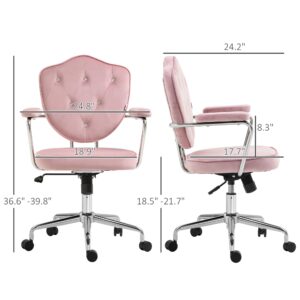 HOMCOM Cute Home Office Chair, Computer Desk Chair with Button Tufted Velvet-Feel Fabric, Swivel Vanity Chair, Pink