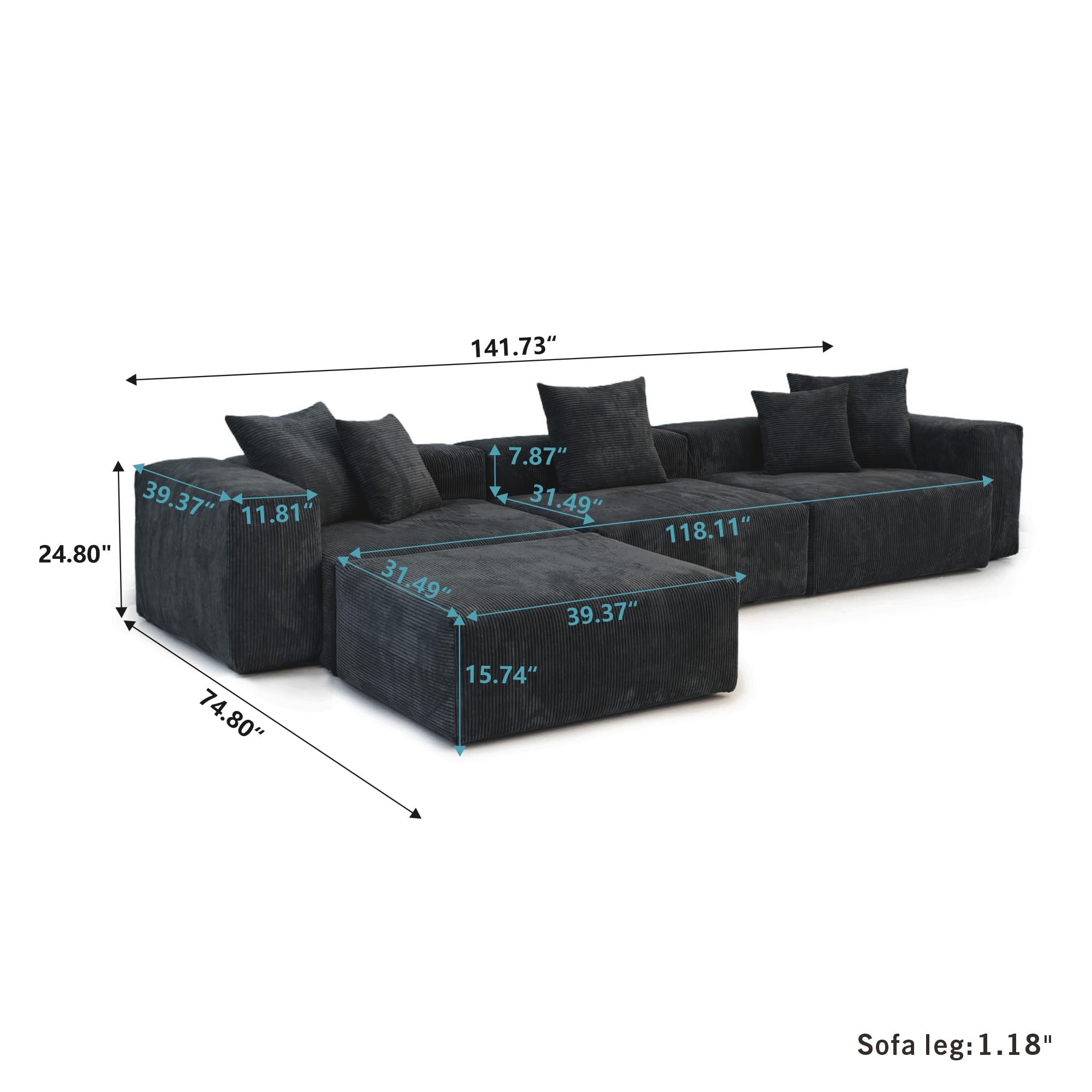 Sdorens L Shaped Sofa with Ottoman, 141.73" Modular Sectional Sofa Couch, Corduroy Fabric Couches with 5 Pillows, Oversized Sectional Sofa for Living Room, Black