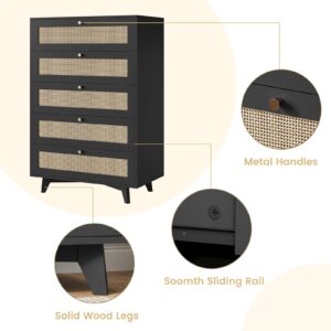 AOGLLATI Black Rattan Dresser for Bedroom with 5 Drawer, Modern Double Wooden Tall Bedroom Dresser, Chest of Drawers with Metal Handle & Solid Wood Legs for Bedroom/Living Room, Black