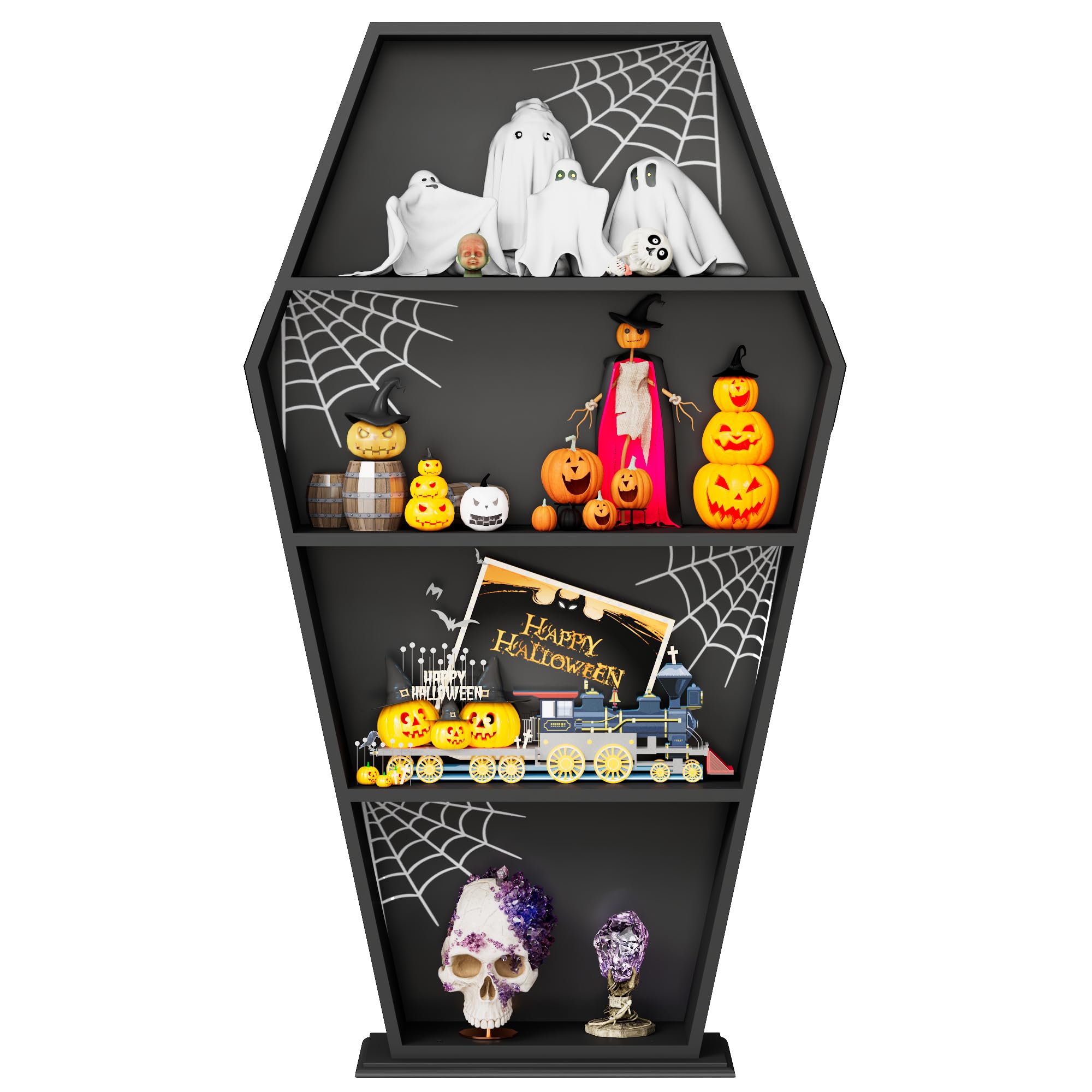 Eostbe Halloween Goth Coffin Bookshelf 48’’H - Wood Tall Coffin Shelf with Spider Web Gothic Decor，Crystal Shelf for Display, Black Spooky Curio Shelf for Home Decor, Witchy Room Decor for Oddities