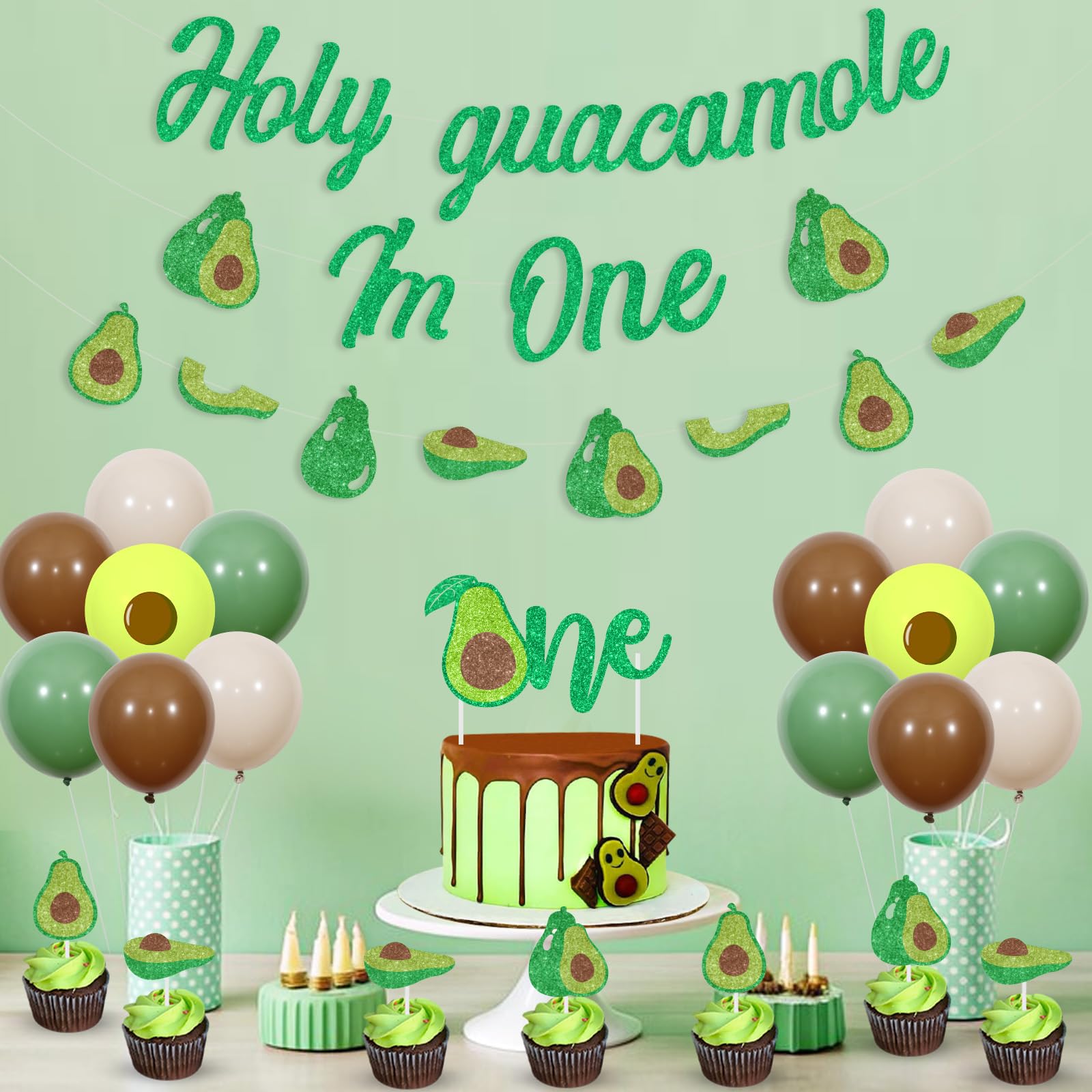 Sursurprise Avocado 1st Birthday Decorations, Holy Guacamole I’m One First Birthday Banners, Fiesta Avocado Fruit Cake Cupcake Toppers Balloons, Cinco De Mayo One Year Old Bday Party Decor Supplies