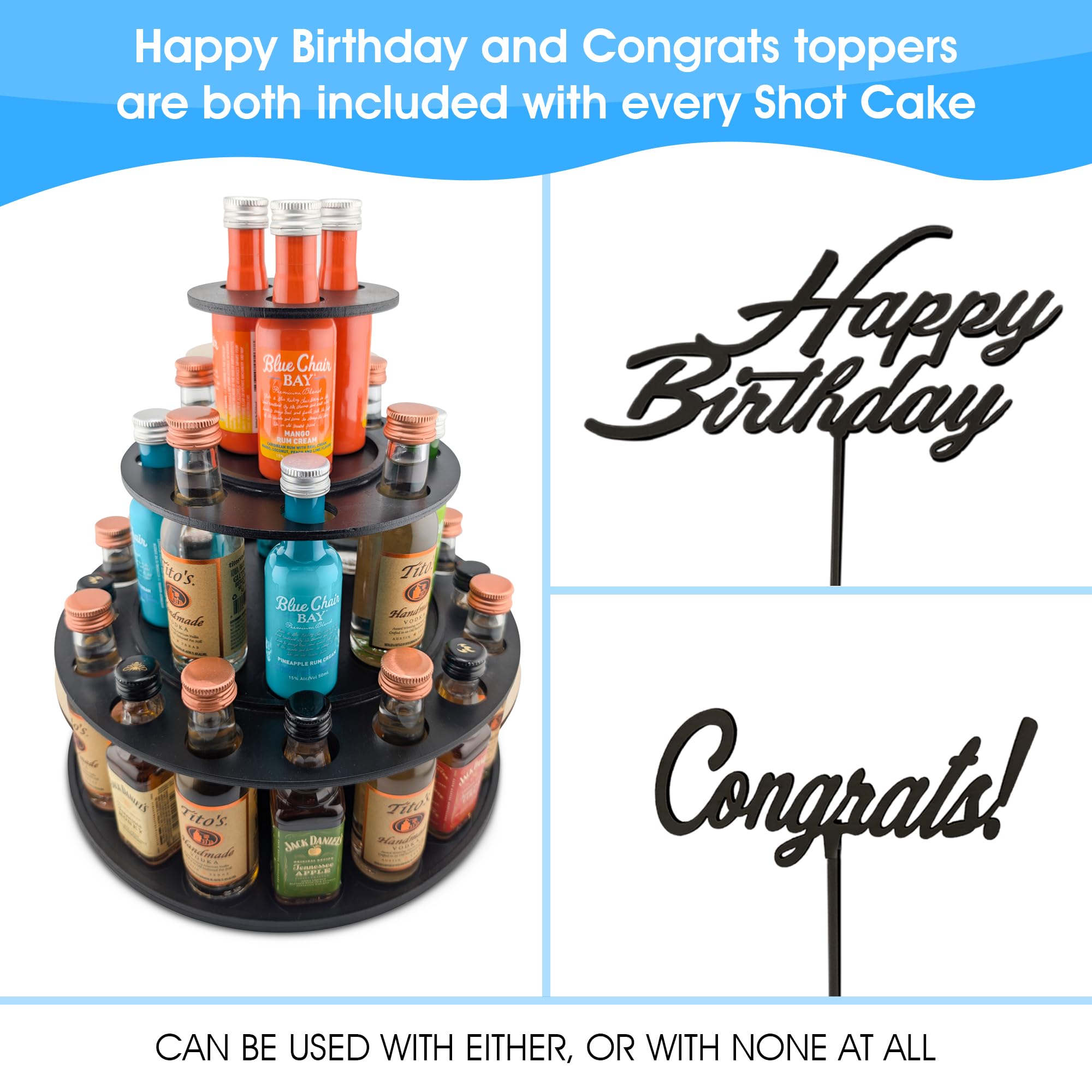 Shot Cake Party Display for Mini Liquor Bottles | 21st Birthday Holiday Celebration Decoration Centerpiece (Three Tier, Black)