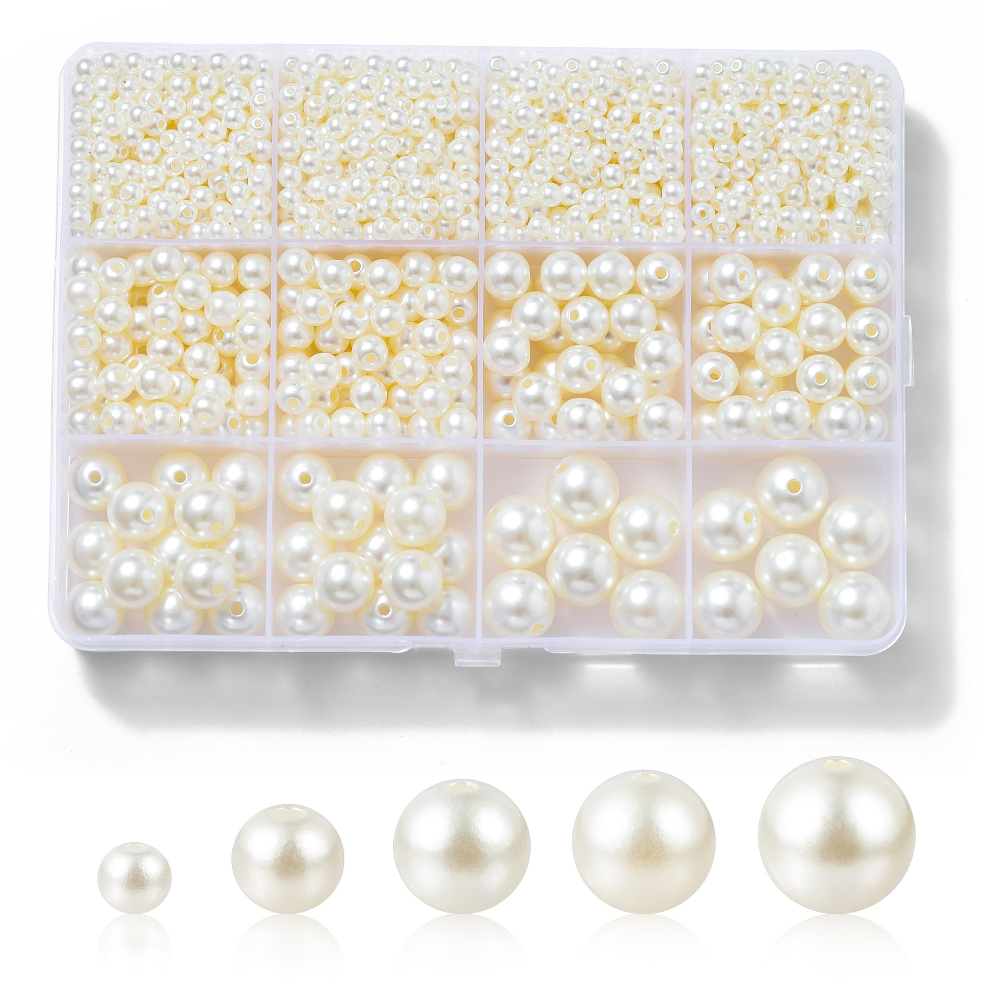 Hudinsun 1200 Pcs Pearl Beads for Jewelry Making, 5 Size Round Pearls for Bracelets Making Kit Small Pearl Filler Beads with Hole for DIY Craft Necklace Earrings