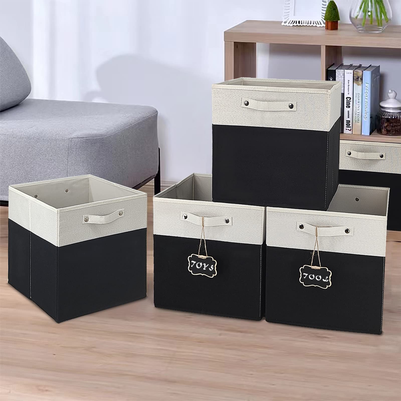 12 inch storage bins,Set of 4 Collapsible Fabric Storage Cubes with Labels,Linen Cube Storage Organizer Bins Kallax Storage Cubes for Organizing Office,Shelves,Nursery Toys,Clothes(White Black).