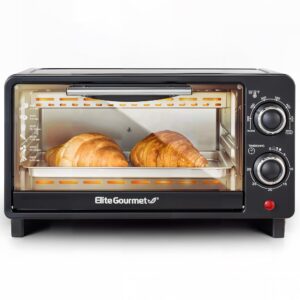 elite gourmet eto490 9l/4 slice countertop toaster oven with 30-minute timer, adjustable temperature control, includes baking pan and wire rack, bake, broil, toast, black