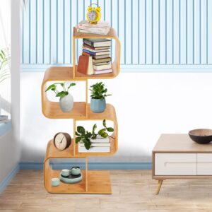 Weglae 4 Tiers Bookshelf,Tall S-Shaped Bookcase,Freestanding Display Shelf,Bamboo Storage Shelving Book Rack,Multifunctional Decorative Room Divider for Home Office