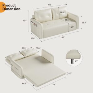 Sofa Bed Couch，3 in 1 sleeper sofa couch with pullout bed，Convertible sofa bed with 2 USB and 1 Type-C Charging Port，4 storage Pockets and 2 soft Pillows,Adjsutable Loveseat for Living Room,White