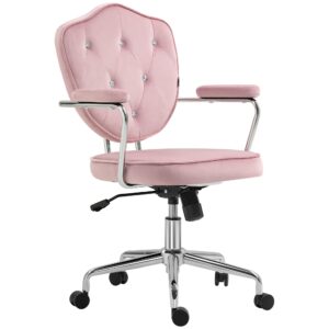 homcom cute home office chair, computer desk chair with button tufted velvet-feel fabric, swivel vanity chair, pink