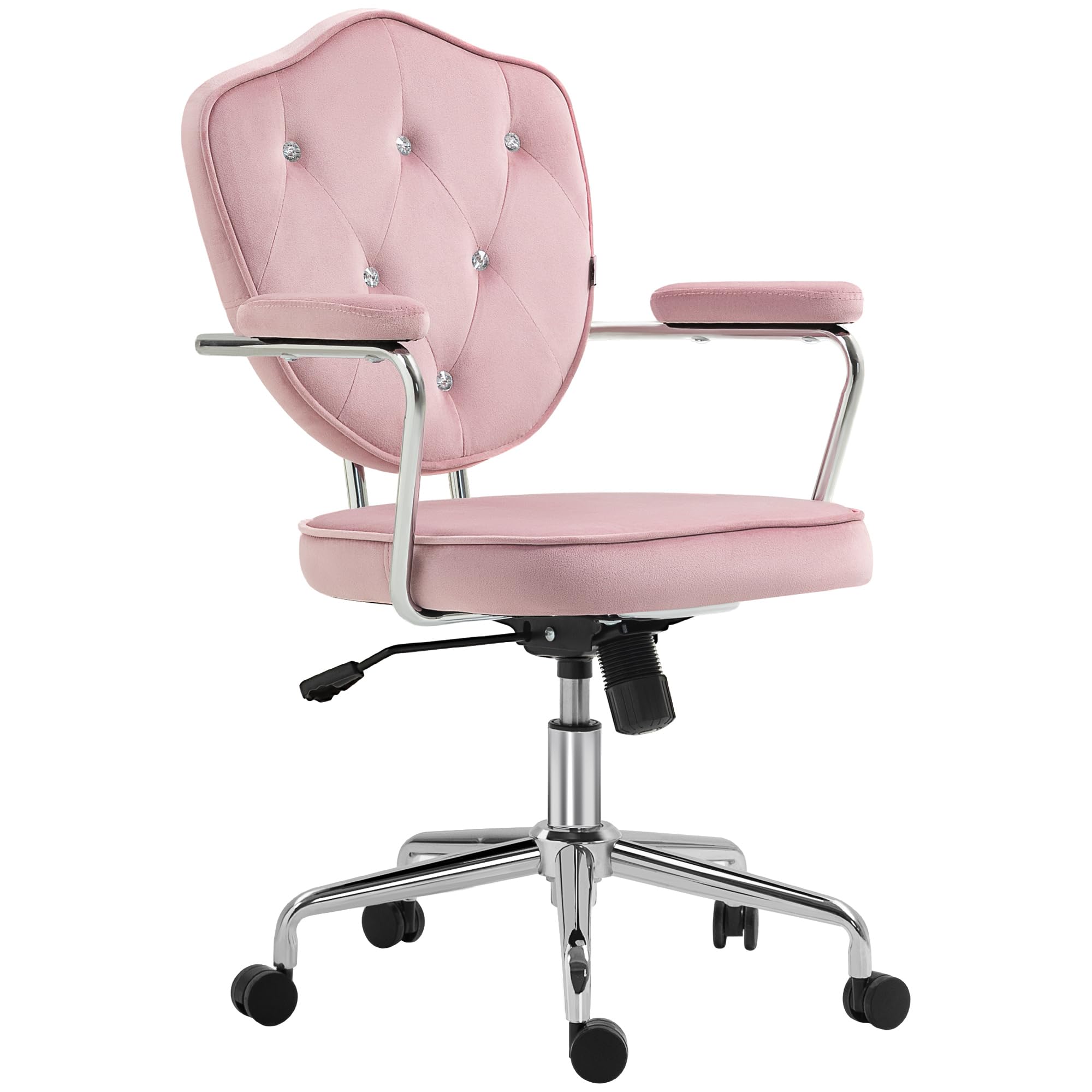 HOMCOM Cute Home Office Chair, Computer Desk Chair with Button Tufted Velvet-Feel Fabric, Swivel Vanity Chair, Pink