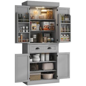 homcom 71" kitchen pantry cabinet with motion sensor light, tall storage cabinet with 6 door shelves, a drawer & 4 adjustable shelves, for living room, dining room, gray