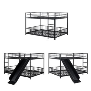 Bellemave Full Over Full Bunk Bed with Slide and Ladder, Metal Bunk Bed for Kids, Girls, Boys, Removable Fence, Low Bunk Bed with Slide, with Door, Black