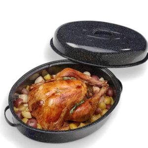 16 Inch Roasting Pan with Lid - Covered Oval Roaster - Enamel Carbon Steel Roaster Pot