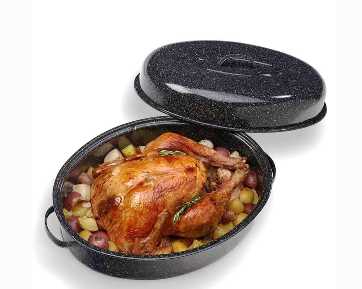 16 Inch Roasting Pan with Lid - Covered Oval Roaster - Enamel Carbon Steel Roaster Pot