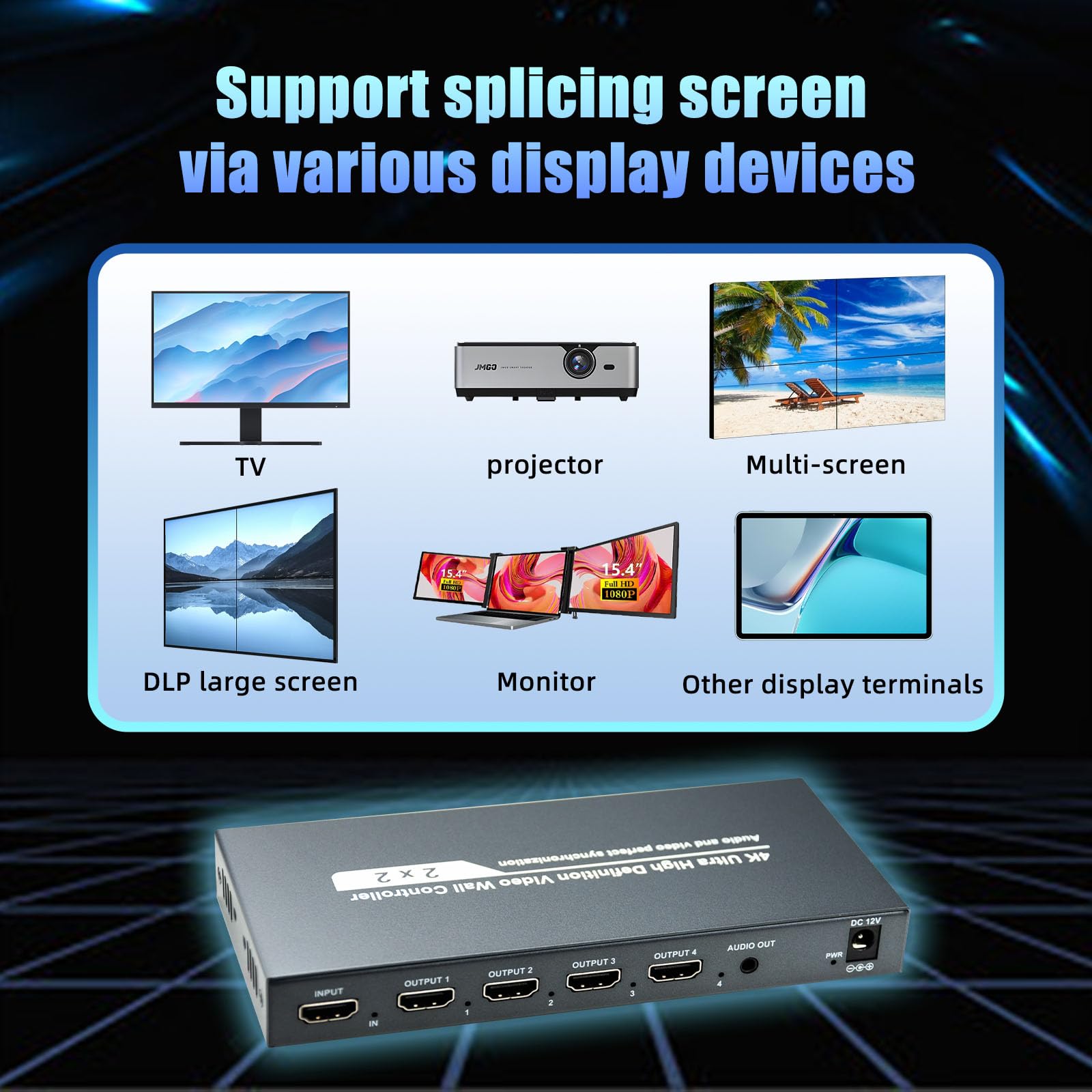 ORIVISION Video Wall Controller, 2x2 HDMI Video Wall Control,4K30 Input 108060 Output with 8 Splicing Modes 2x2,1x1,2x1,3x1,4x1,1x2,1x3,1x4, 180° Rotate TV Wall Processor for Big Screen,Mall...etc.