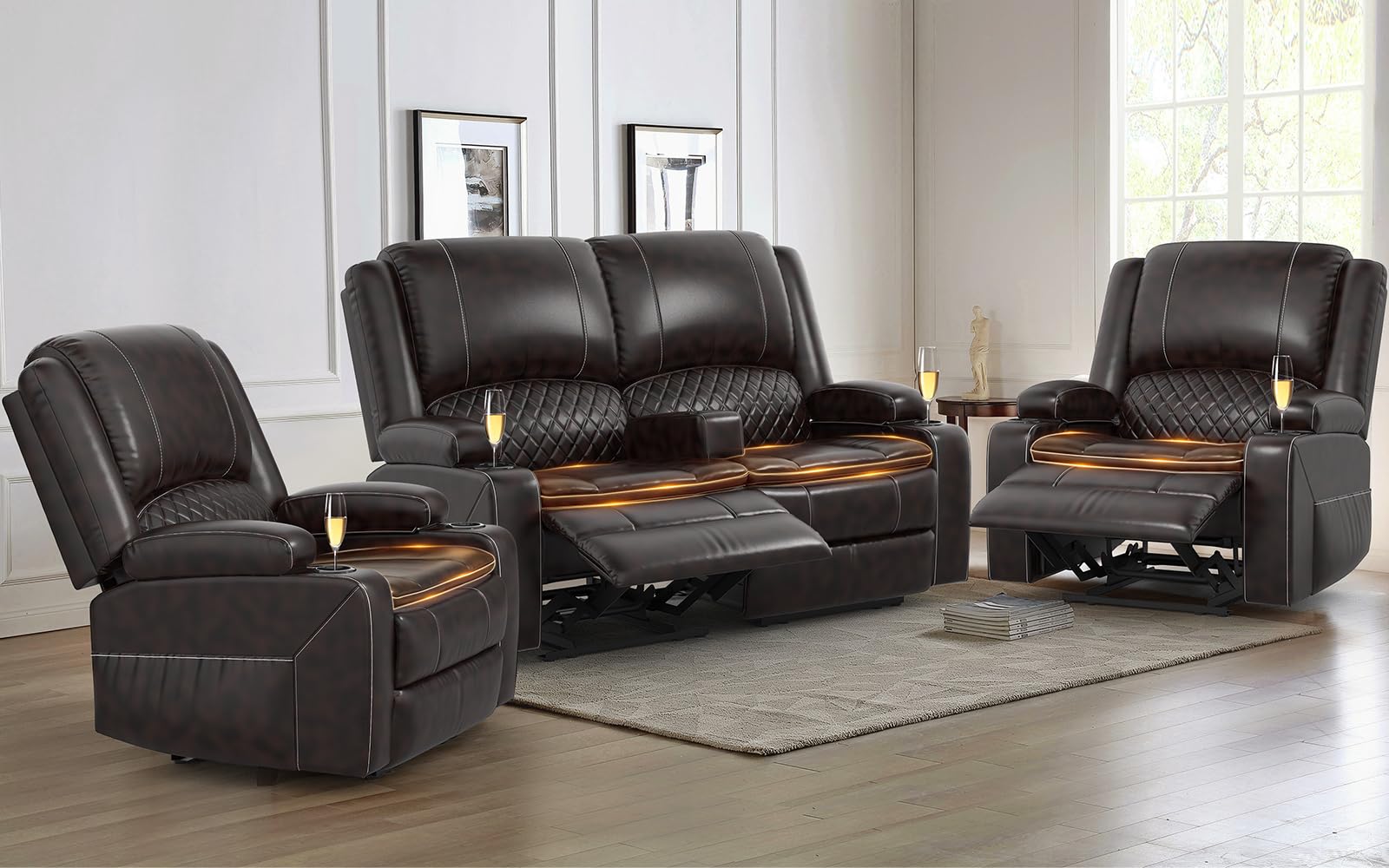 Yolsali Loveseat Recliner Sofa Set with 2-Tier Cushion, 2+1+1 Pieces in Living Room, 2 Seater Reclining Loveseat Leather with Removable Console, 2 Oversize Recliner Chair Sofa Seat