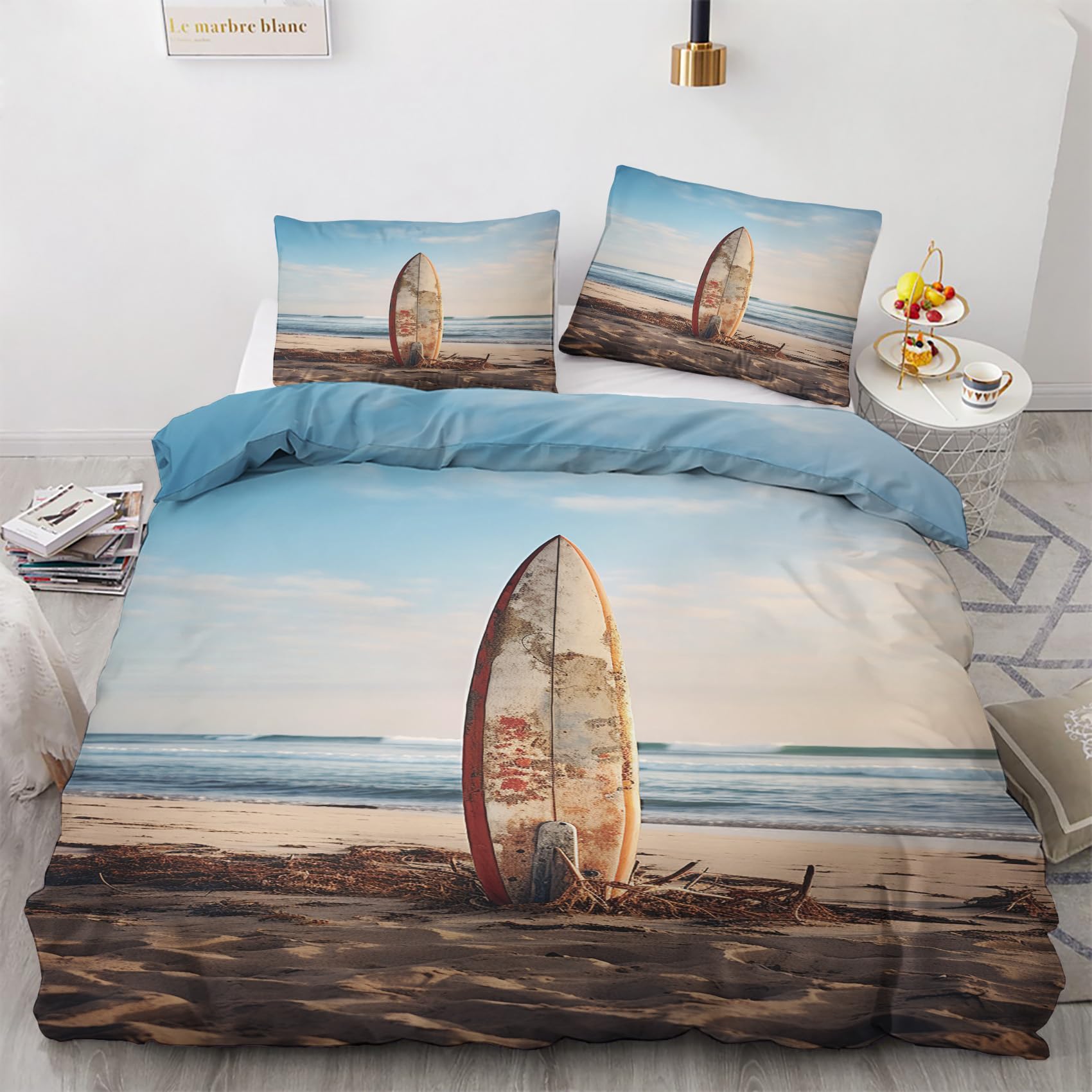 Surfboard Duvet Cover Oversized King Size, Coastal Beach Theme Bedding Set 3 Piece for Bedroom Decor, Summer Surfing Sport Duvet Cover & 2 Pillow Shams, with Zipper & Ties, Super Soft Microfiber