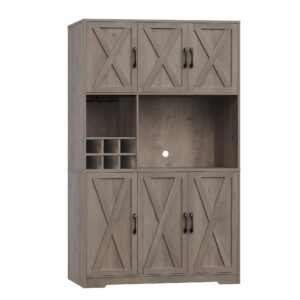 HOSTACK Kitchen Pantry Storage Cabinet, 71" Tall Food Pantry Cabinet with Microwave Stand, Farmhouse Kitchen Hutch Cabinet, Coffee Bar Hutch with Wine Rack for Dining Room, Living Room, Ash Grey