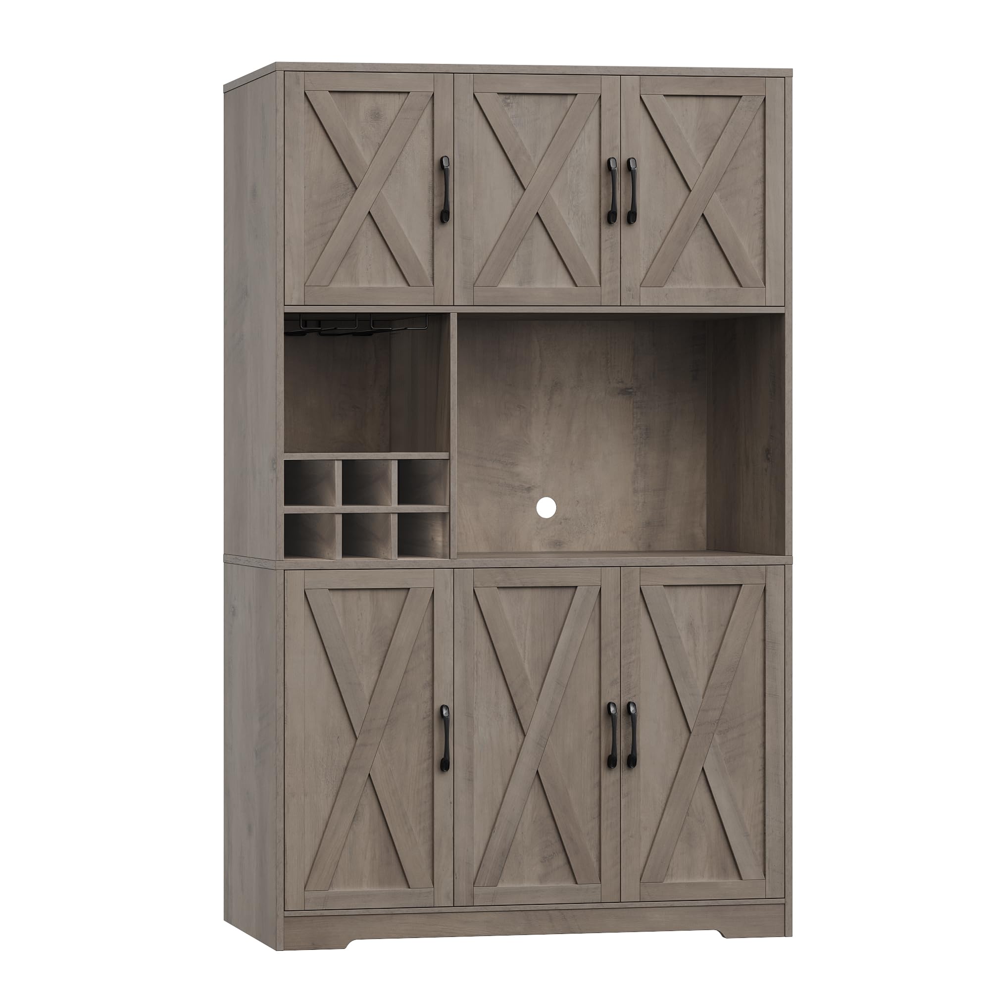 HOSTACK Kitchen Pantry Storage Cabinet, 71" Tall Food Pantry Cabinet with Microwave Stand, Farmhouse Kitchen Hutch Cabinet, Coffee Bar Hutch with Wine Rack for Dining Room, Living Room, Ash Grey