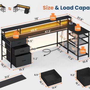 UPOSOJA L Shaped Gaming Desk with 3 Drawers, 78" Reversible Computer Desk with Power Outlet & LED Strip, Home Office Desk with Storage Shelves, Monitor Shelf, Mouse Pad Black