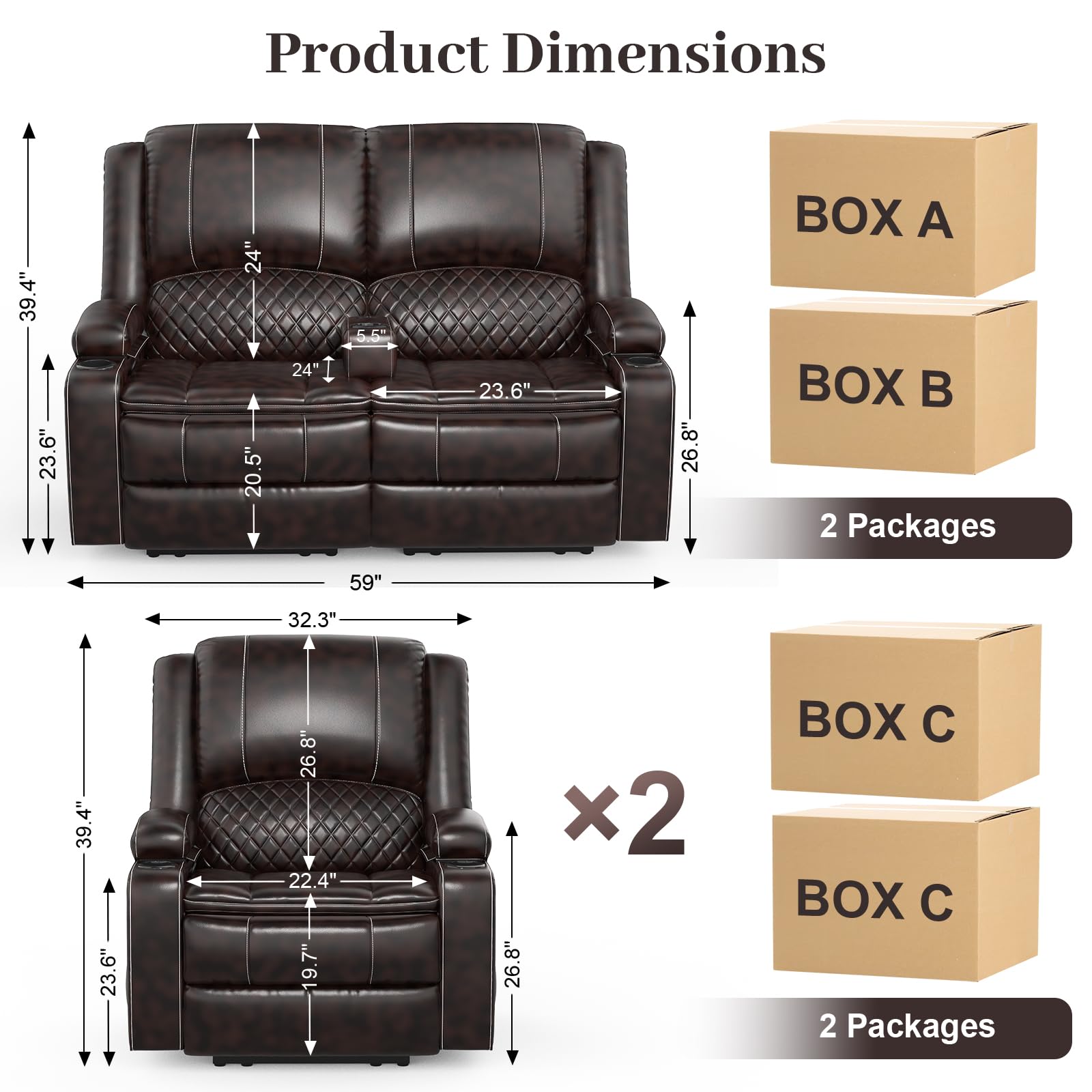 Yolsali Loveseat Recliner Sofa Set with 2-Tier Cushion, 2+1+1 Pieces in Living Room, 2 Seater Reclining Loveseat Leather with Removable Console, 2 Oversize Recliner Chair Sofa Seat