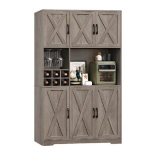 hostack kitchen pantry storage cabinet, 71" tall food pantry cabinet with microwave stand, farmhouse kitchen hutch cabinet, coffee bar hutch with wine rack for dining room, living room, ash grey