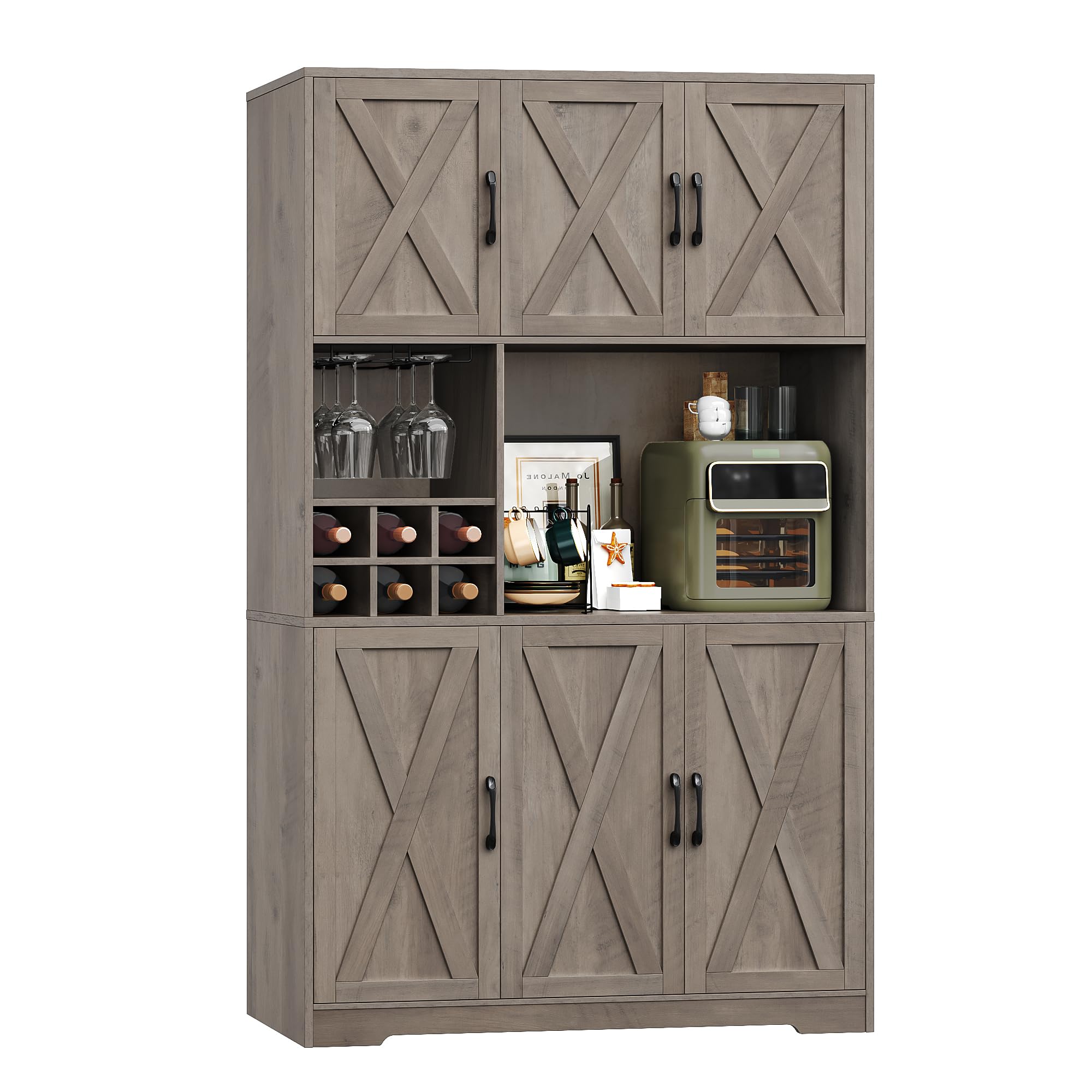 HOSTACK Kitchen Pantry Storage Cabinet, 71" Tall Food Pantry Cabinet with Microwave Stand, Farmhouse Kitchen Hutch Cabinet, Coffee Bar Hutch with Wine Rack for Dining Room, Living Room, Ash Grey